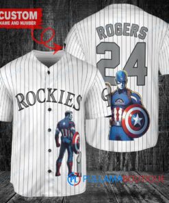 Colorado Rockies x Marvel Captain America Steve Rogers with Trophy Custom Baseball Jersey White