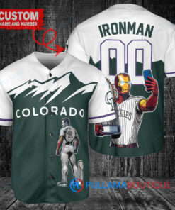 Colorado Rockies x Marvel Iron Man Tony Stark with Trophy Custom Baseball Jersey Green