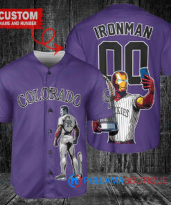 Colorado Rockies x Marvel Iron Man Tony Stark with Trophy Custom Baseball Jersey Purple