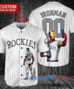 Colorado Rockies x Marvel Iron Man Tony Stark with Trophy Custom Baseball Jersey White