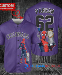 Colorado Rockies x Marvel Spiderman with Trophy Custom Baseball Jersey Purple