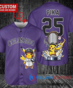 Colorado Rockies x Pikachu Pokemon with Trophy Custom Baseball Jersey Purple