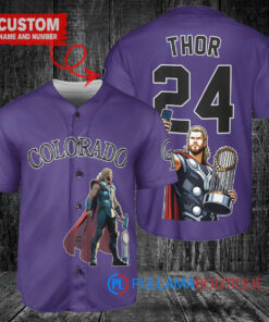 Colorado Rockies x Thor Marvel with Trophy Custom Baseball Jersey Purple