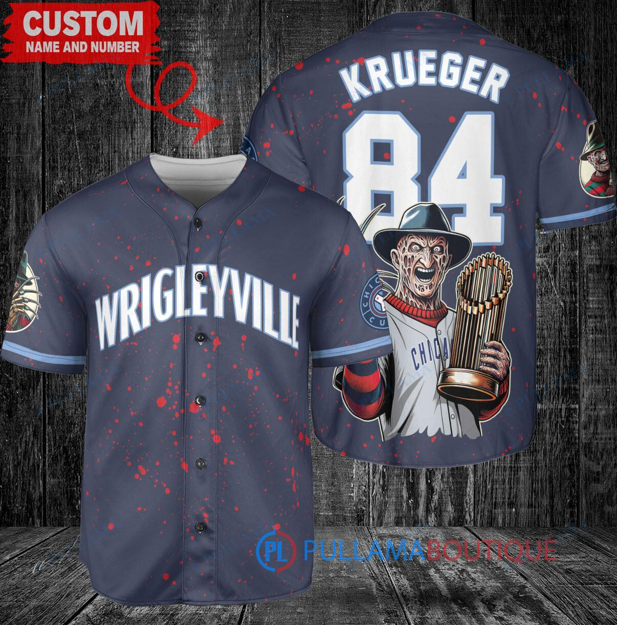 Philadelphia Phillies x Freddy Krueger A Nightmare on Elm Street Halloween with World Series Trophy Custom Baseball Jersey Blue City Connect