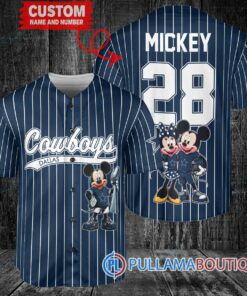 Dallas Cowboys x Mickey and Minnie with Trophy Custom Baseball Jersey Navy Stripe