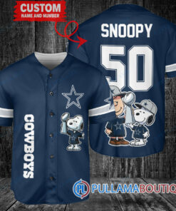 Dallas Cowboys x Snoopy and Charlie Brown with Trophy Custom Baseball Jersey Navy