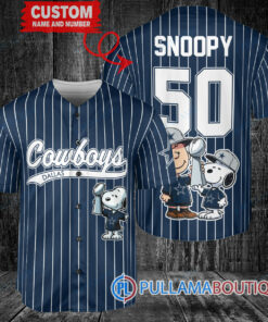 Dallas Cowboys x Snoopy and Charlie Brown with Trophy Custom Baseball Jersey Navy Stripe