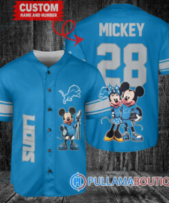 Detroit Lions x Mickey and Minnie with Trophy Custom Baseball Jersey Blue