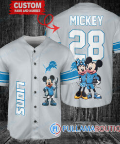 Detroit Lions x Mickey and Minnie with Trophy Custom Baseball Jersey Gray