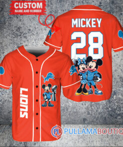 Detroit Lions x Mickey and Minnie with Trophy Custom Baseball Jersey Orange