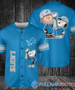 Detroit Lions x Snoopy and Charlie Brown with Trophy Baseball Jersey Blue