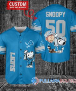 Detroit Lions x Snoopy and Charlie Brown with Trophy Custom Baseball Jersey Blue