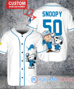 Detroit Lions x Snoopy and Charlie Brown with Trophy Custom Baseball Jersey White