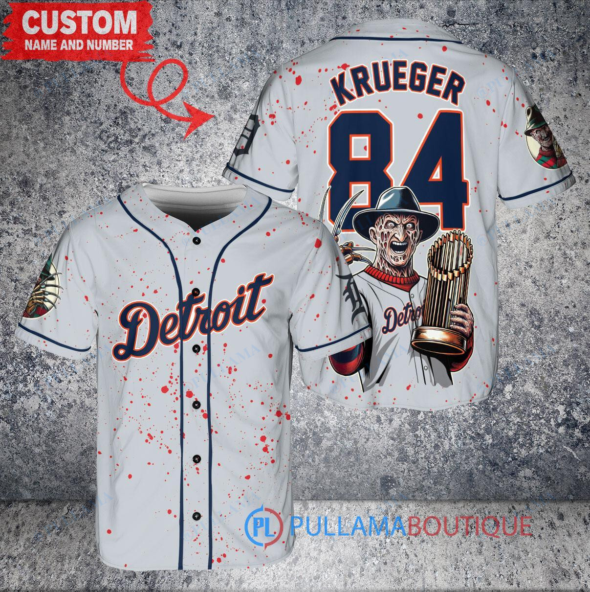 Boston Red Sox x Freddy Krueger A Nightmare on Elm Street Halloween with World Series Trophy Custom Baseball Jersey Gold-Light Blue City Connect