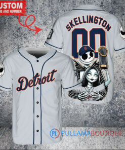 Detroit Tigers Jack Skellington Sally World Series Trophy Baseball Jersey Gray