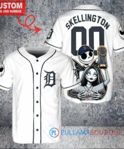 Detroit Tigers Jack Skellington Sally World Series Trophy Baseball Jersey White