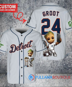 Detroit Tigers x Baby Groot Marvel Guardians Of The Galaxy with Trophy Custom Baseball Jersey Gray