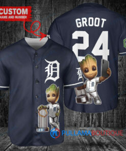 Detroit Tigers x Baby Groot Marvel Guardians Of The Galaxy with Trophy Custom Baseball Jersey Navy