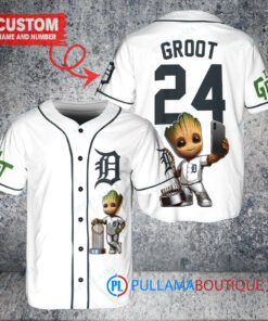 Detroit Tigers x Baby Groot Marvel Guardians Of The Galaxy with Trophy Custom Baseball Jersey White