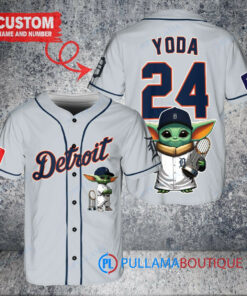 Detroit Tigers x Baby Yoda Star Wars The Mandalorian with Trophy Custom Baseball Jersey Gray