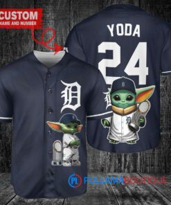 Detroit Tigers x Baby Yoda Star Wars The Mandalorian with Trophy Custom Baseball Jersey Navy