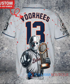 Detroit Tigers x Friday the 13th Jason Voorhees Halloween with World Series Trophy Custom Baseball Jersey Gray