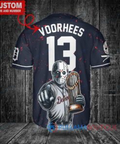 Detroit Tigers x Friday the 13th Jason Voorhees Halloween with World Series Trophy Custom Baseball Jersey Navy