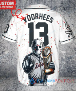 Detroit Tigers x Friday the 13th Jason Voorhees Halloween with World Series Trophy Custom Baseball Jersey White