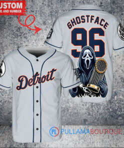 Detroit Tigers x Ghostface Scream Halloween Halloween with World Series Trophy Custom Baseball Jersey Gray