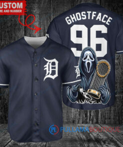 Detroit Tigers x Ghostface Scream Halloween Halloween with World Series Trophy Custom Baseball Jersey Navy