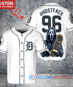 Detroit Tigers x Ghostface Scream Halloween Halloween with World Series Trophy Custom Baseball Jersey White