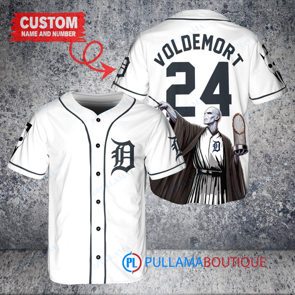 Detroit Tigers x Lord Voldemort Harry Potter with Trophy Custom Baseball Jersey Navy City Connect