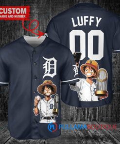 Detroit Tigers x Luffy One Piece with Trophy Custom Baseball Jersey Navy