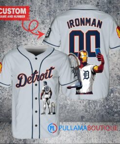 Detroit Tigers x Marvel Iron Man Tony Stark with Trophy Custom Baseball Jersey Gray