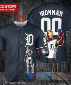 Detroit Tigers x Marvel Iron Man Tony Stark with Trophy Custom Baseball Jersey Navy