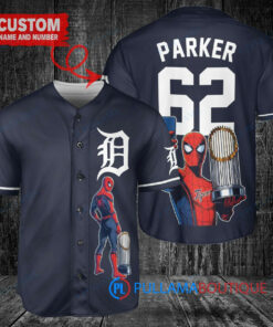 Detroit Tigers x Marvel Spiderman with Trophy Custom Baseball Jersey Navy