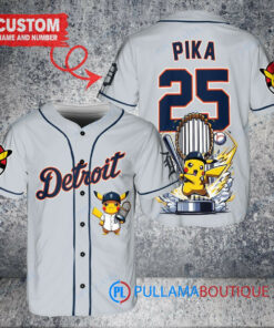 Detroit Tigers x Pikachu Pokemon with Trophy Custom Baseball Jersey Gray