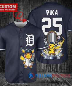 Detroit Tigers x Pikachu Pokemon with Trophy Custom Baseball Jersey Navy