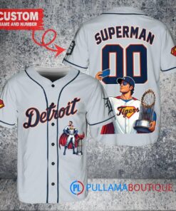 Detroit Tigers x Superman DC Comics with Trophy Custom Baseball Jersey Gray