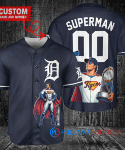 Detroit Tigers x Superman DC Comics with Trophy Custom Baseball Jersey Navy