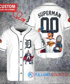 Detroit Tigers x Superman DC Comics with Trophy Custom Baseball Jersey White