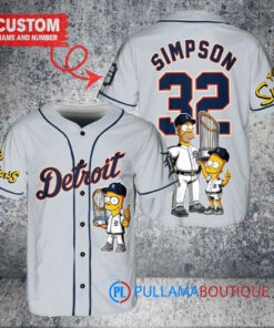 Detroit Tigers x The Simpsons Bart Simpson, Homer Simpson, Lisa Simpson with Trophy Custom Baseball Jersey Gray