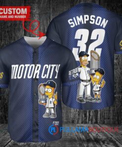 Detroit Tigers x The Simpsons Bart Simpson, Homer Simpson, Lisa Simpson with Trophy Custom Baseball Jersey Navy City Connect