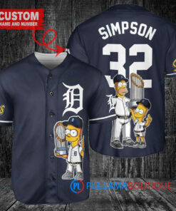 Detroit Tigers x The Simpsons Bart Simpson, Homer Simpson, Lisa Simpson with Trophy Custom Baseball Jersey Navy