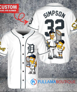 Detroit Tigers x The Simpsons Bart Simpson, Homer Simpson, Lisa Simpson with Trophy Custom Baseball Jersey White