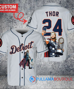 Detroit Tigers x Thor Marvel with Trophy Custom Baseball Jersey Gray