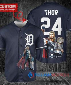 Detroit Tigers x Thor Marvel with Trophy Custom Baseball Jersey Navy