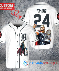 Detroit Tigers x Thor Marvel with Trophy Custom Baseball Jersey White