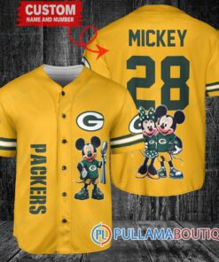 Green Bay Packers x Mickey and Minnie with Trophy Custom Baseball Jersey Gold