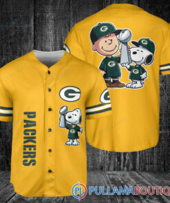 Green Bay Packers x Snoopy and Charlie Brown with Trophy Baseball Jersey Gold